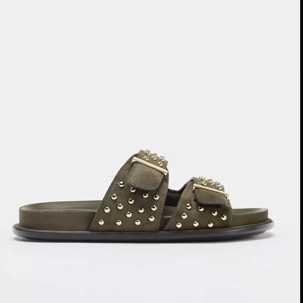 Zara  studded leather buckle sandals, Khaki green - Picture 13 of 16